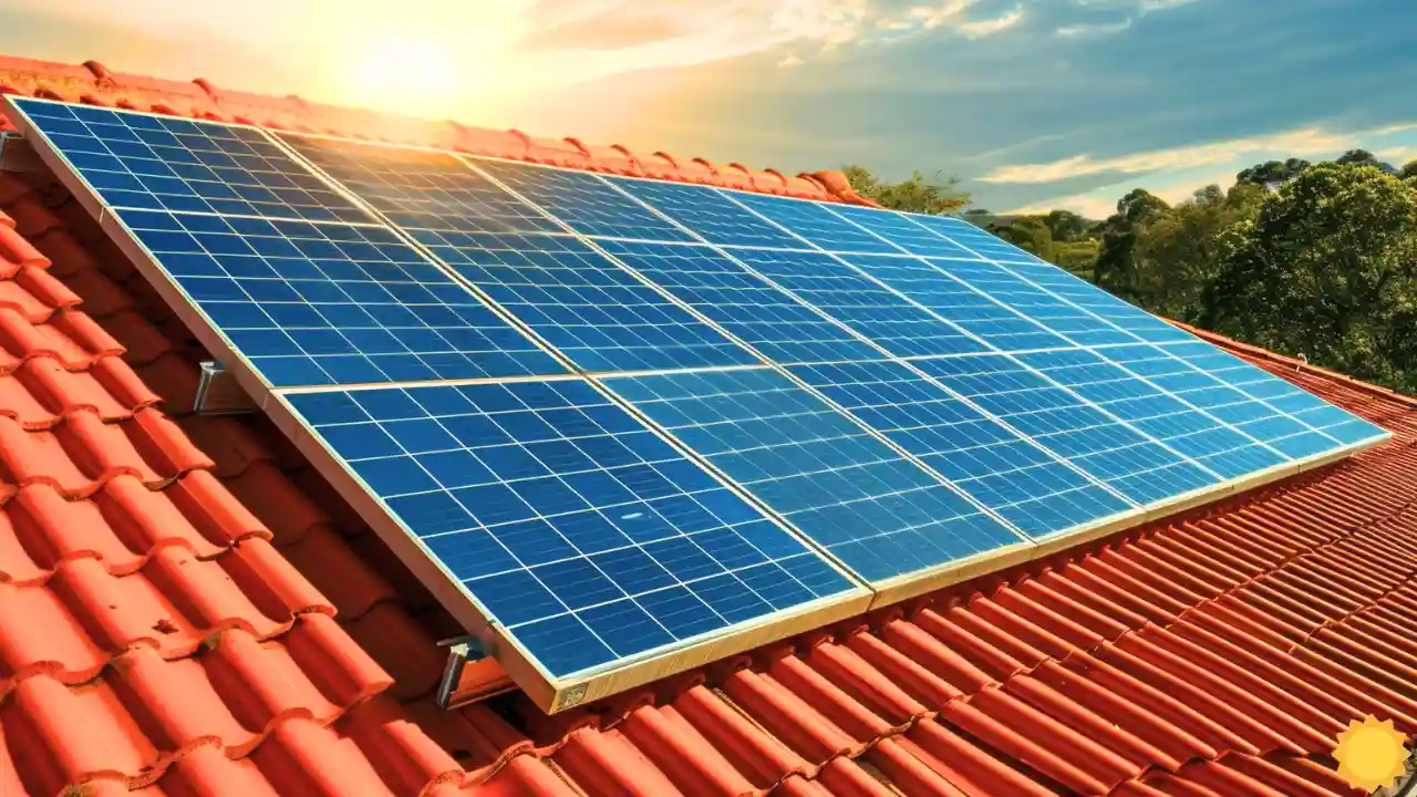 Solar panel on roof top in blue colour.