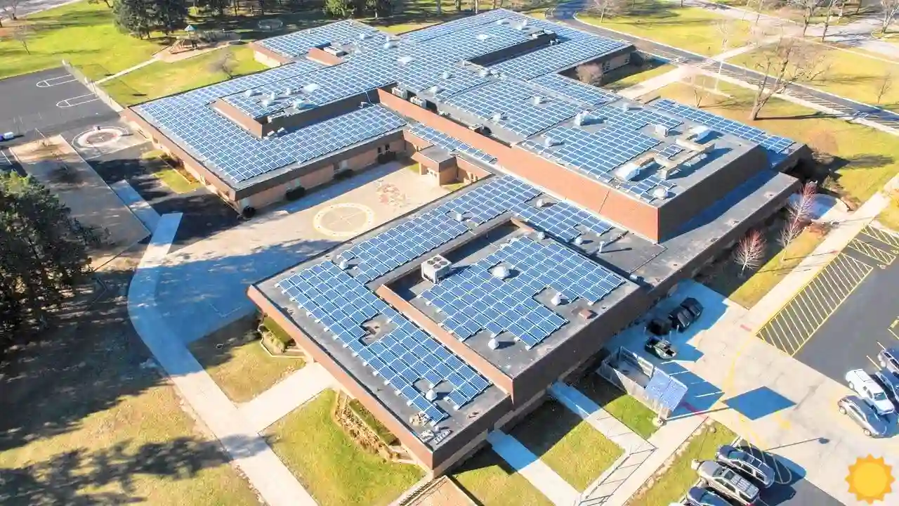 Solar panels on rooftop of government buildings.